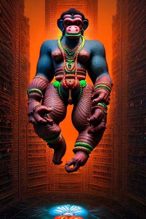 Image similar to high quality 3 d render post - rococo cyberpunk hanuman! head building, neon madhubani, open mouth, highly detailed, in sci - fi mumbai, cinematic smooth unreal engine, lee madgwick & liam wong, dramatic light, low angle, uhd 8 k, sharp focus