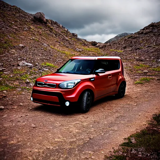 Image similar to Kia Soul, Professional Photography, Skyrim, Off-roading, Mountain landscape, dirt, road, cinematic color, photorealistic, highly detailed wheels, highly detailed