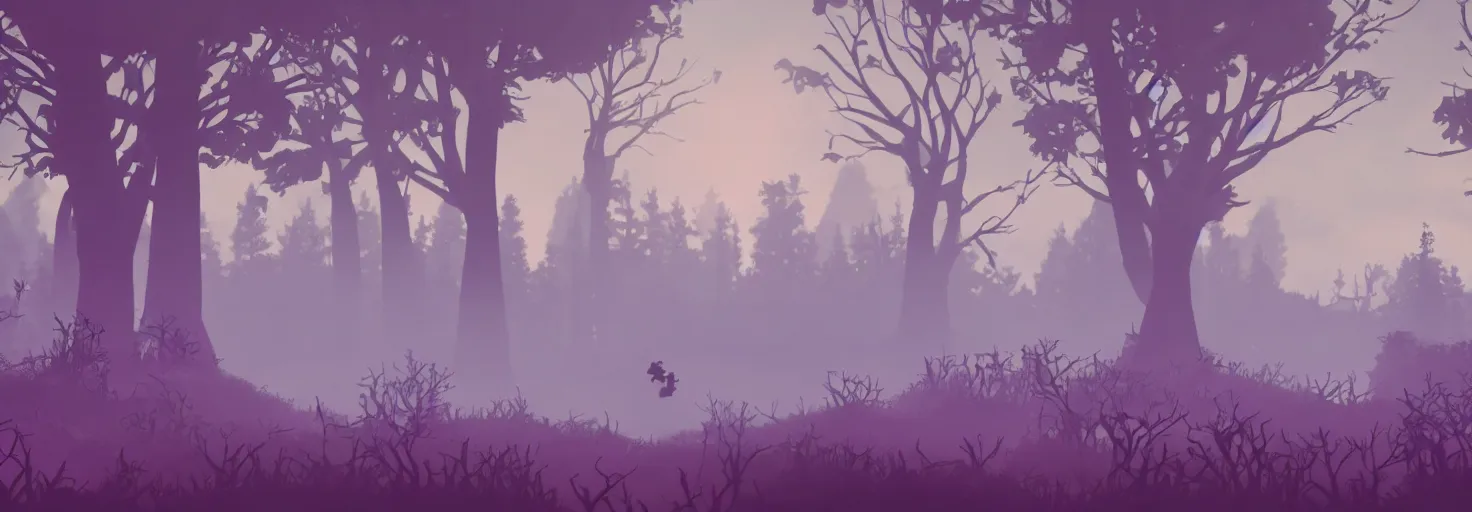 Prompt: distant tree silhouettes, magical enchanted forest, parallax background layer from a gorgeous indie platform game