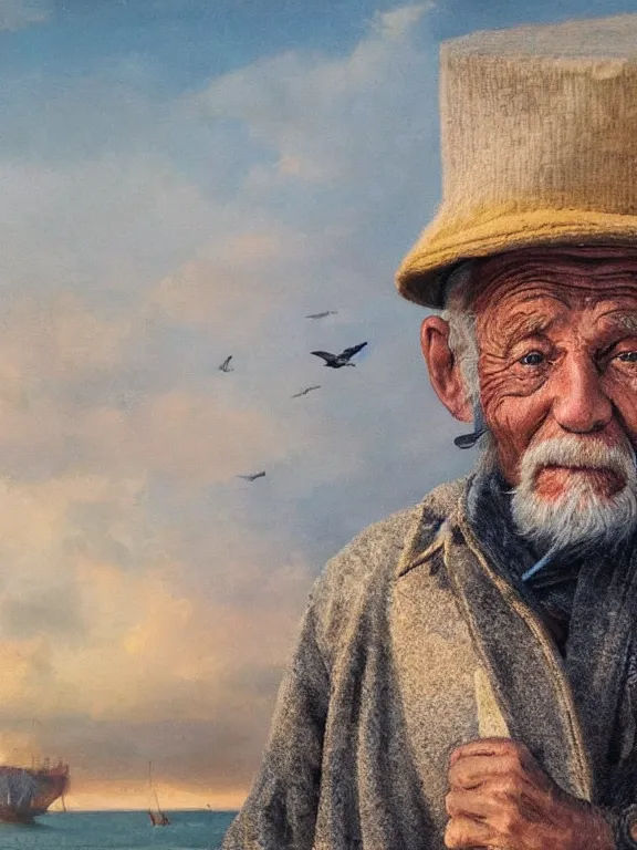 Prompt: realistic renderings portrait of very old fisher man portrait with a hat, wearing a fisher 🧥, colored wears, ( ( ( ( ( a bird in the sky ) ) ) ) ) port scene background, astonishing scenes, detailed, photorealism, volumetric lighting, autumn lights colors, ultra detailed