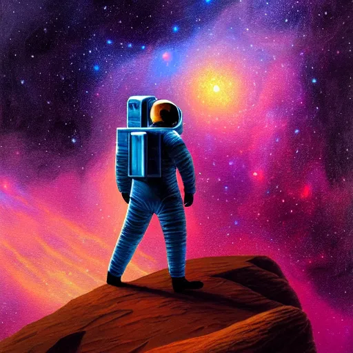 Image similar to astronaut standing infront of a nebula, illustration painting, oil on canvas, intricate, portrait, detailed illustration, hd, digital art, overdetailed art, concept art, complementing colors, detailed, illustration painting by alex gray, digital art, overdetailed art, concept art, complementing colors rendered by beeple, syd meade