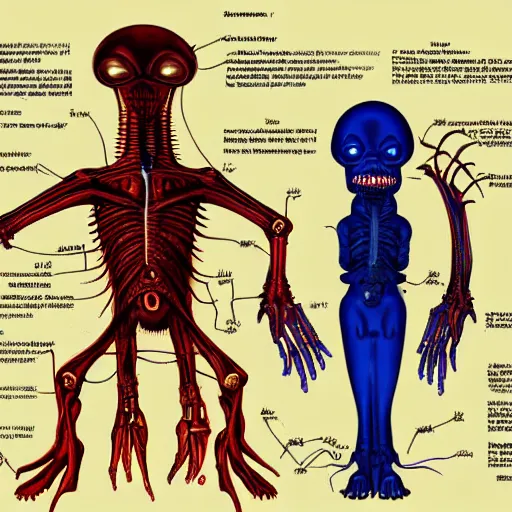 Image similar to anatomically correct diagram of alien, quadruped, h. r. giger, red and blue, 8 feet fall, monstrous, fiendish, high detail, cinematic, wes anderson