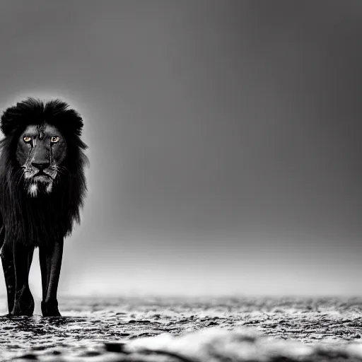 Prompt: found footage of a black lion standing in murky black lake, high temperature, cinematic lighting, focused eyes, apex predator, natgeo, 3 5 mm lens