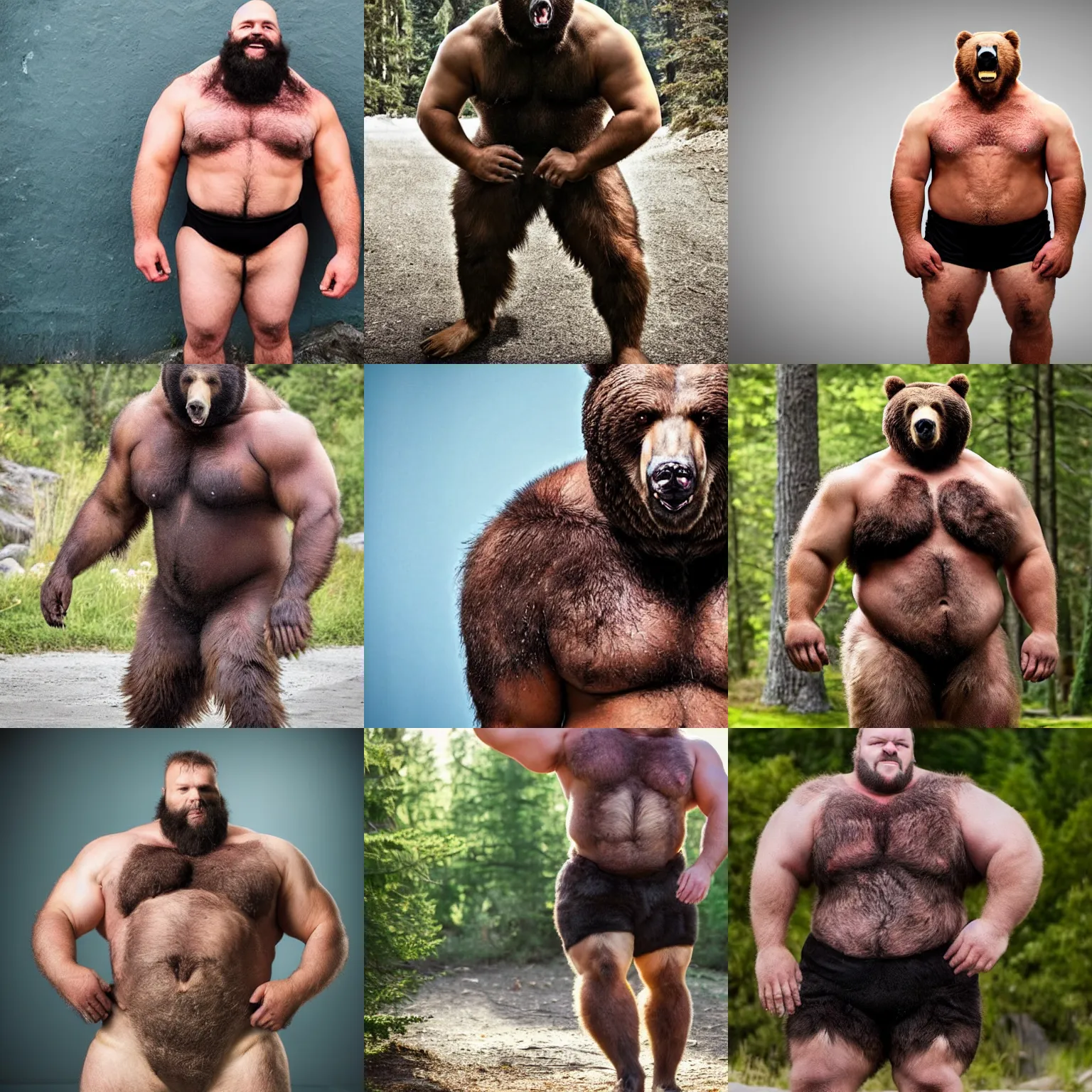 Prompt: werebear strongman in shorts transforming with thick grizzly fur all over his thick powerful body, photography