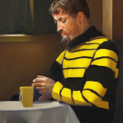 Prompt: tired nightshift man in a bumblebee suit sips a coffee, highly detailed, masterpiece, oil on canvas