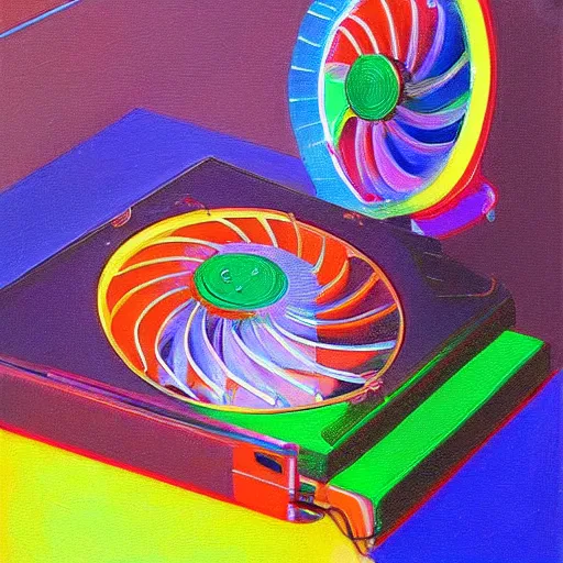 Prompt: a painting by Wayne Thiebaud of an RGB gaming pc, fan cooling, high specs, ethereal, by Wayne Thiebaud