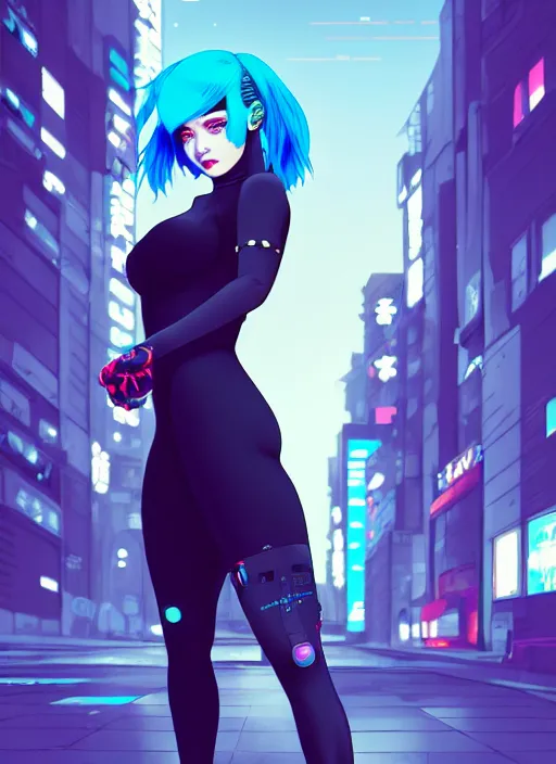 Image similar to digital illustration of cyberpunk pretty girl with blue hair, wearing a tight black dress, full body pose, in city street at night, by makoto shinkai, ilya kuvshinov, lois van baarle, rossdraws, basquiat