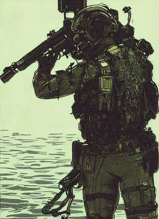 Image similar to the punisher. USN blackops operator emerging from water at the shoreline. Operator wearing Futuristic cyberpunk tactical wetsuit and looking at an abandoned shipyard. Frogtrooper. rb6s, MGS, and splinter cell Concept art by James Gurney, Alphonso Mucha. Vivid color scheme.