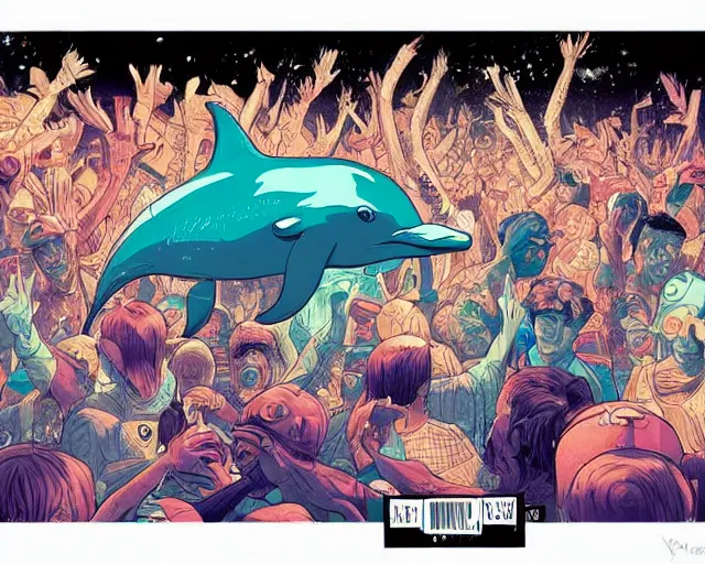 Prompt: a study of cell shaded cartoon of dolphins raving in a nightclub, illustration, wide shot, subtle colors, post grunge, concept art by josan gonzales and wlop, by james jean, Victo ngai, David Rubín, Mike Mignola, Laurie Greasley, highly detailed, sharp focus, alien, Trending on Artstation, HQ, deviantart, art by artgem