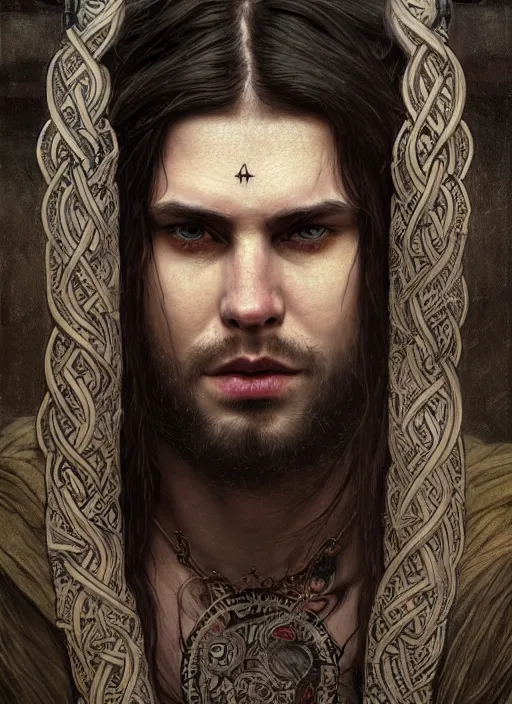 Image similar to portrait of a young giant charming cunning man with runic face tattoo and long tangles of straight black hair, piercing eyes, wearing royal viking robe, hyper realistic face, epic, very low angle, fantasy art, in the style of greg rutkowski, intricate, alphonse mucha, hyper detailed, smooth