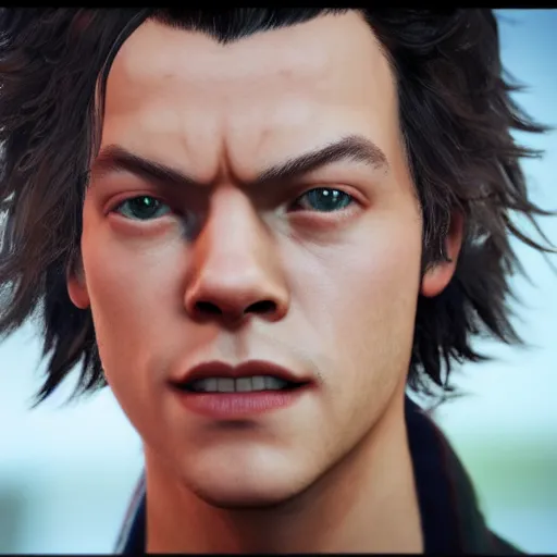 Image similar to a videogame still of Harry Styles in Tekken 7, portrait, 40mm lens, shallow depth of field, close up, split lighting, cinematic