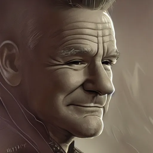 Image similar to Very very very very highly detailed epic photo of Robin Williams, intricate, dystopian, sci-fi, extremely detailed, digital painting, artstation, concept art, smooth, sharp focus, illustration, intimidating lighting, incredible art by Artgerm and Vincent di Fate