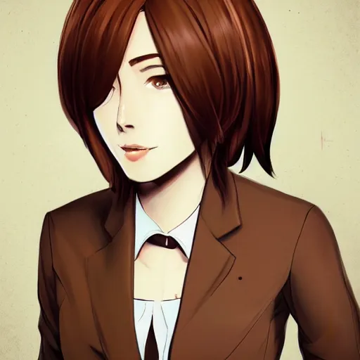 Image similar to woman in business suit, brown neat hair, animesque, pixiv, fanbox, trending on artstation, portrait, modern, sleek, highly detailed, formal, serious, determined, competent, colorized, smooth, charming, pretty, safe for work, law office