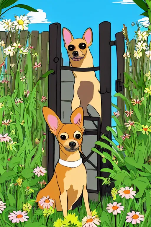 Image similar to A black and tan chihuahua looks through her garden gate, cel shaded cartoon in the style of studio Ghibli, sunny morning, cinematic lighting, summer