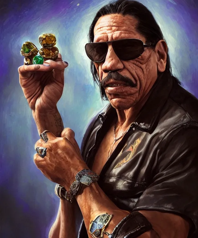 Prompt: danny trejo, cinematic, as a secret agent, holding a gems, elegant, highly detailed, digital painting, artstation, smooth, hard focus, illustration, art by jessica rossier and and brian froud