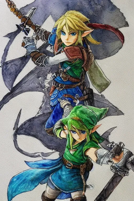 Image similar to Link from the Legend of Zelda as a Final Fantasy Character, watercolor, by Yoshitaka Amano, peaceful color palette, high detail paint