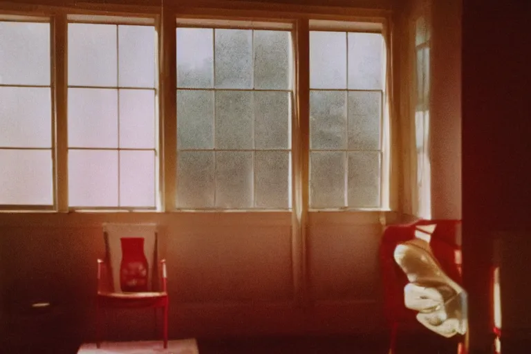 Image similar to film photography from 7 0 s, pink house with many windows, soft light, golden hour, in style of joel meyerowitz