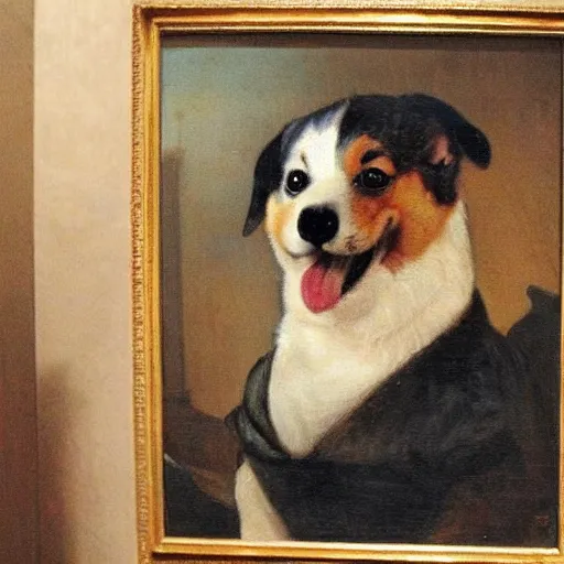 Prompt: picture of a painting in a museum depicting a very happy corgi in the style of rembrandt, real picture