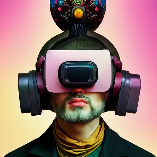 Image similar to Colour Caravaggio and Leonardo da Vinci style full body portrait Photography of Highly detailed Man wearing Ukrainian folk costume with perfect face wearing highly detailed retrofuturistic VR headset designed by Josan Gonzalez. Many details In style of Josan Gonzalez and Mike Winkelmann and andgreg rutkowski and alphonse muchaand and Caspar David Friedrich and Stephen Hickman and James Gurney and Hiromasa Ogura. Rendered in Blender and Octane Render volumetric natural light