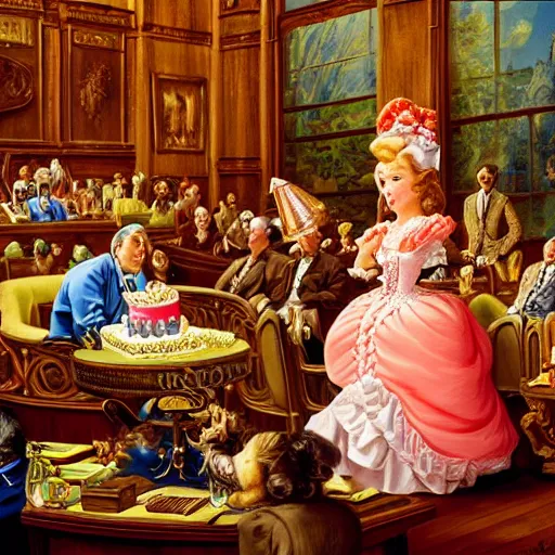 Image similar to lawyer eating a big birthday cake in a courtroom, realistic, regal, refined, detailed digital art, michael cheval, walt disney ( 1 9 3 7 ), francois boucher, oil painting, steampunk, highly detailed, cinematic lighting, unreal engine, 8 k