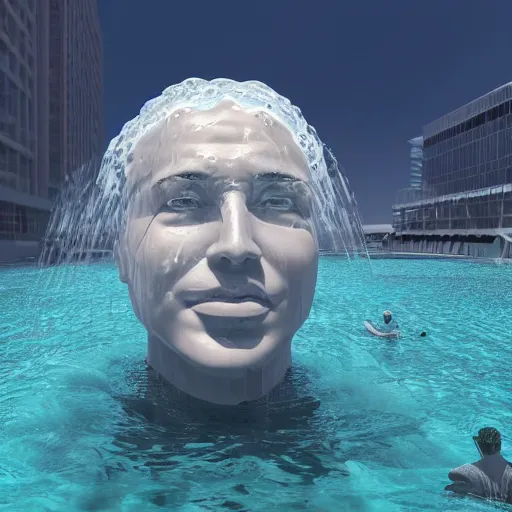 Prompt: a giant water sculpture of a human head on the ocean water, cinematic, in the style of chad knight, long shot, hyper detailed, hyper realistic, ray tracing, 8 k resolution, sharp focus, realistic water, award winning