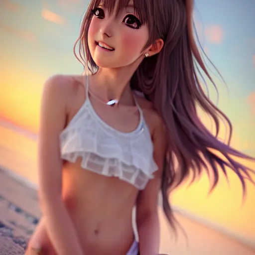 Image similar to beautiful serene intricate very detailed portrait of a realistic anime girl taking a selfie, smiling softly, wearing light loose clothing, relaxing on the beach, golden hour, soft focus, 8 k, art by irakli nadar, hyperrealism, hyperdetailed, ultra realistic