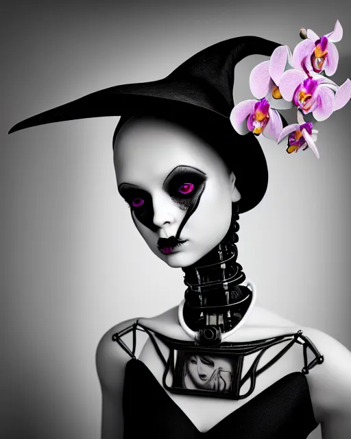 Image similar to surreal mythical dreamy dark artistic black and white fine art 3 / 4 fashion portrait photo of a young beautiful delicate female robot - witch - owl with orchid - doll face, rim light, cinematic, studio dramatic light, poetic, masterpiece, octane render, 8 k, photo