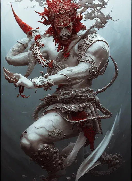 Prompt: subsurface scattering, white, koi, samurai deity with filigree armor, blood, octane render, by jesper ejsing, james jean, justin gerard, tomasz alen kopera, cgsociety and fenghua zhong, highly detailed, rim light, cinematic lighting, illustration, art, very coherent, cinematic, hyper realism, high detail, 8 k