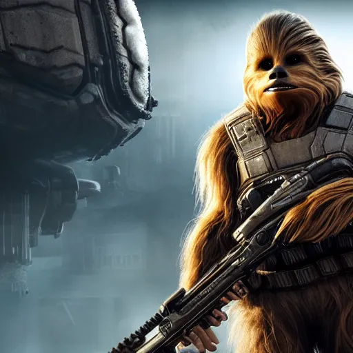 Image similar to chewbacca in gears of war gears of war, splash art, movie still, detailed face, photorealistic facial features, cinematic lighting, dramatic, octane render, long lens, shallow depth of field, bokeh, anamorphic lens flare, 8 k, hyper detailed, 3 5 mm film grain