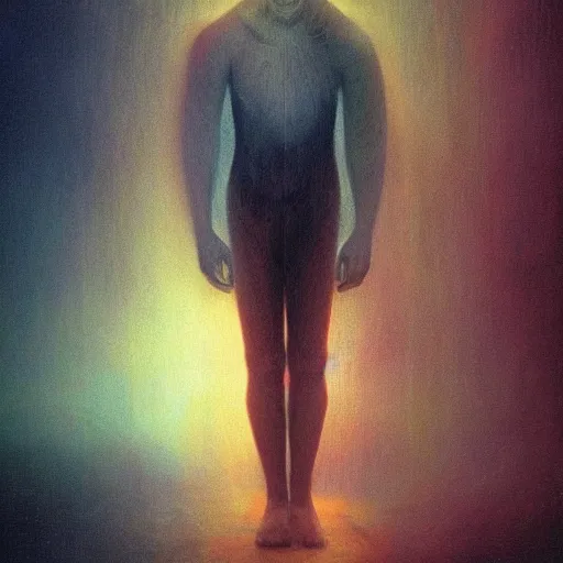 Image similar to expressive portrait of the digitally glitched soul, data, dramatic lighting, god rays, edges, universal background, facial expression, atmospheric lighting, motion design, by Beksinski, maze, sharp focus