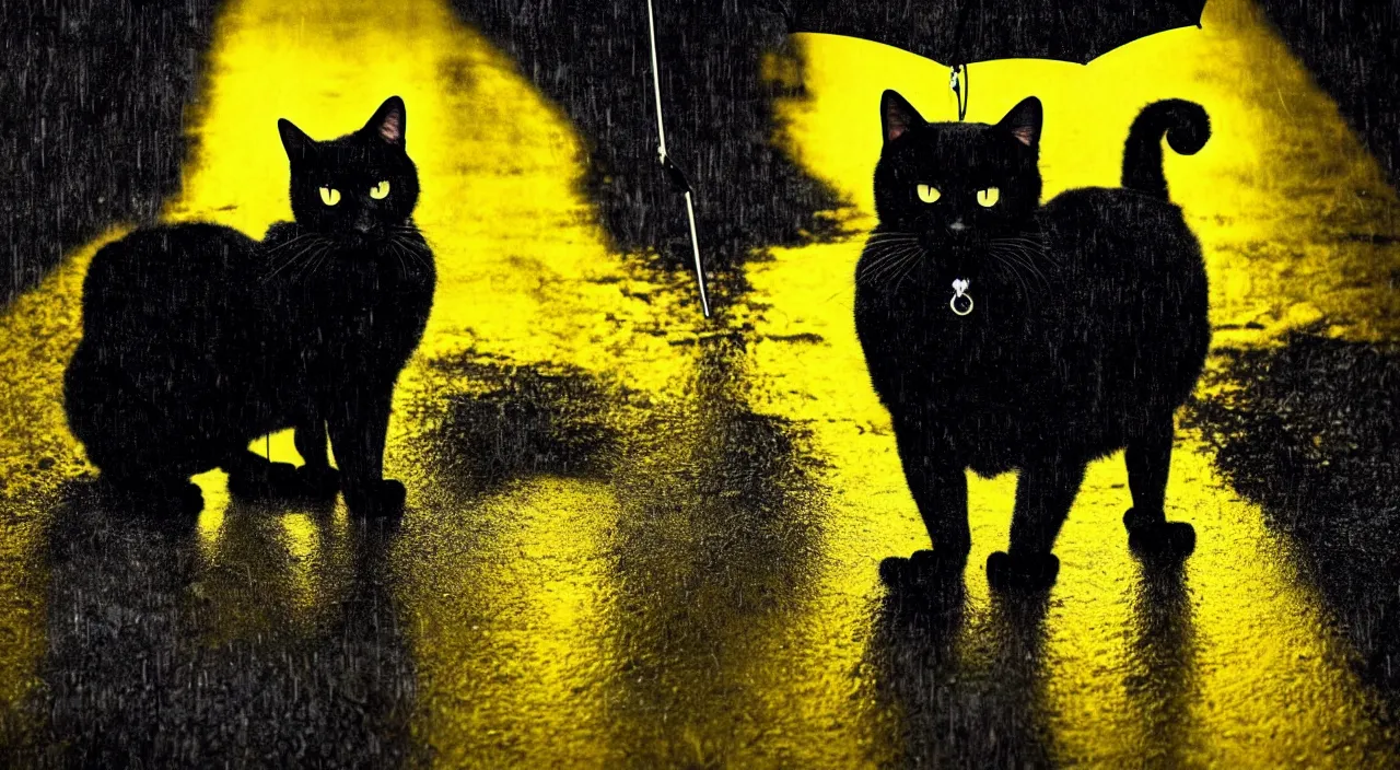 Prompt: a big black cat in a yellow raincoat on a badly lit street, cinematic, realistic, noir