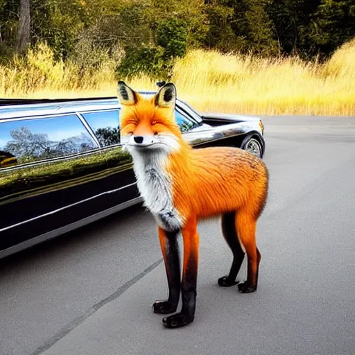 Image similar to fox animal stood next to a limousine, award winning photograph