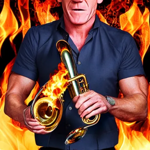 Image similar to gordan ramsay playing the saxaphone in hell surrounded by fire