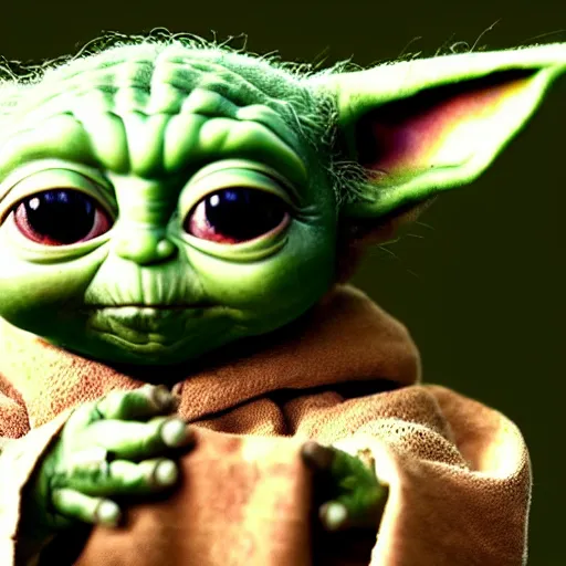 Image similar to cute baby yoda muppet, intricate detail, beautiful aesthetic, photorealistic, award winning professional cinematic composition, dramatic lighting, 8 k