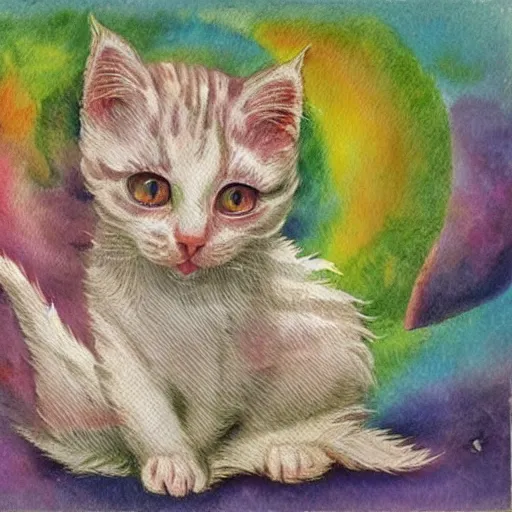 Prompt: a white kitten magically prismatically fractured into every color of the rainbow, watercolor by Louis William Wain,