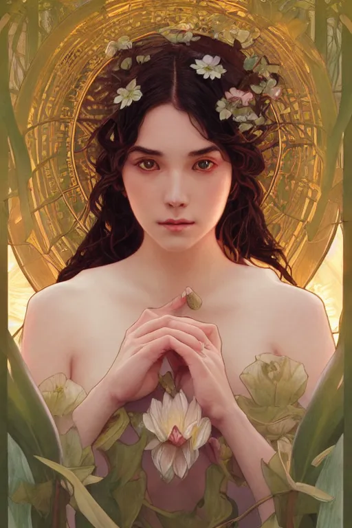 Image similar to close up portrait of goddes of waterlily, digital illustration, dramatic lighting, by artgerm and greg rutkowski and alphonse mucha