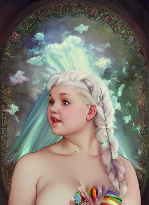 Image similar to a chubby white woman with pointed ears, wearing a white sundress, rainbow pastel clouds for hair, realistic painting by ross tran and gerald brom and alphonse mucha, artgerm, trending on artstation