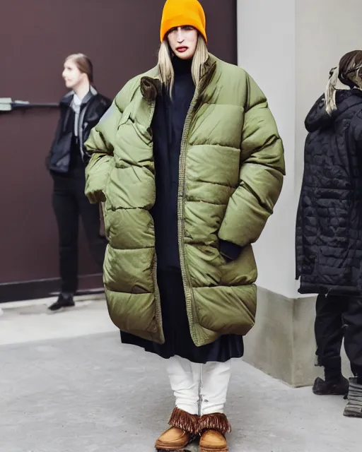 Image similar to a puffy and oversized winter jacket mango fruit jacket, worn by a very thin woman, designed by virgil abloh and wes anderson, photorealistic, modern