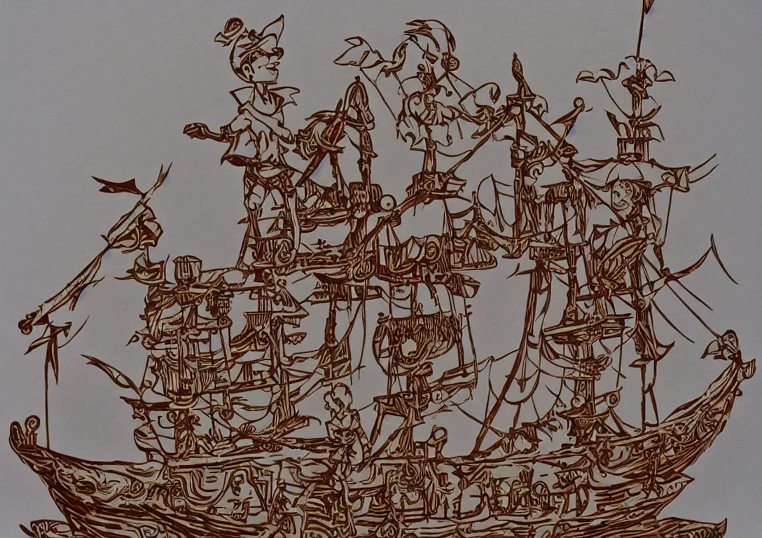 Prompt: a stylized cut paper sculpture of peter pan and captain hook on a pirate ship