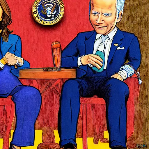 Prompt: The Artwork of R. Crumb and his Cheap Suit - Joe Biden and Kamala Harris, pencil and colored marker artwork, trailer-trash lifestyle