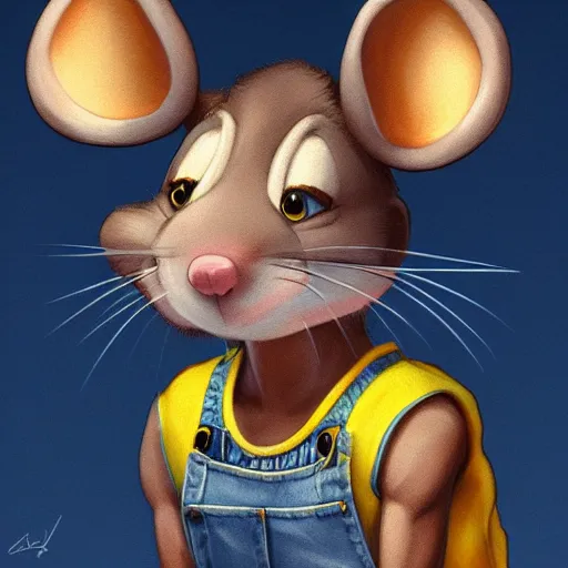 Image similar to anthropomorphic mouse wearing denim short shorts and yellow tank top, highly detailed, artgerm style, artstation, soft light, sharp focus, illustration, character design, concept art