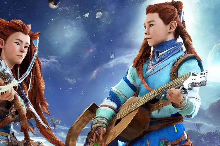 Image similar to aloy from the horizon zero dawn videogame playing the guitar with link from the legend of zelda videogame in the international space station