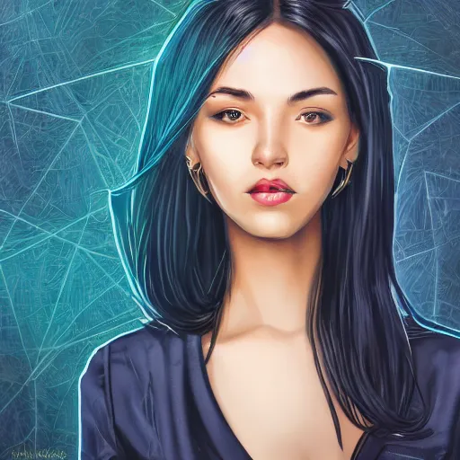 Image similar to portrait of a beautiful woman in an office, dark blue clothes, black hair, dark skin, d & d, high fantasy, deep focus, intricate, elegant, highly detailed, digital painting, sharp focus dynamic pose, ultra realistic illustration