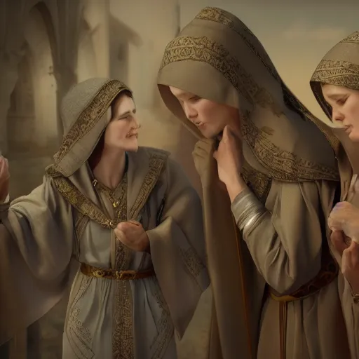 Prompt: 3 sisters of the congregation open the gift of god, highly detailed, CGSociety, postprocessing, photorealistic, matte painting, 8k