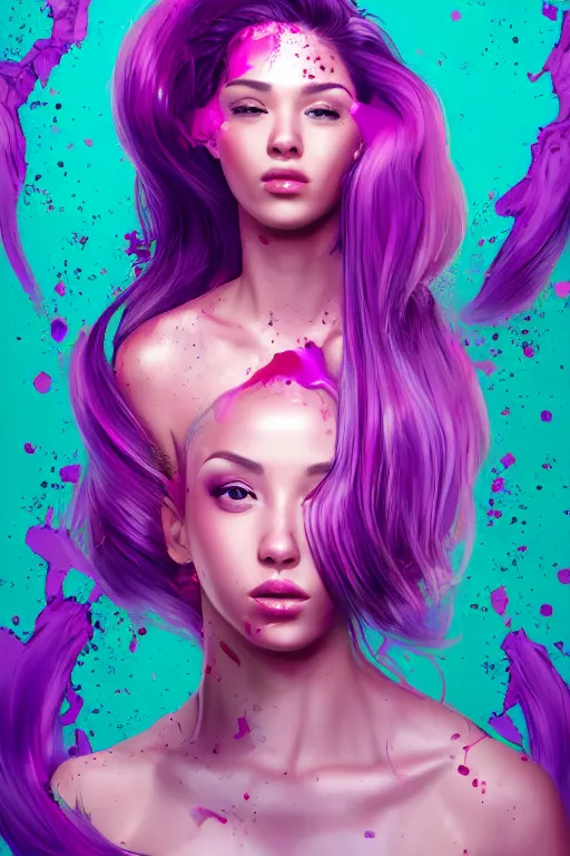 Image similar to a award winning half body portrait of a beautiful woman in a croptop and cargo pants with ombre purple pink teal hairstyle with head in motion and hair flying by artgerm, paint splashes, splatter, outrun, vaporware, shaded flat illustration, digital art, trending on artstation, highly detailed, fine detail, intricate