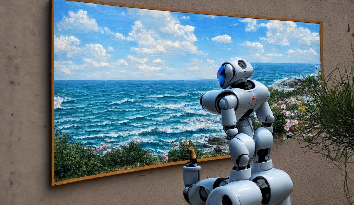 Image similar to an high resolution photo of a robot paiting a picture on a terrace over the see, hyper detailed, phoyography, realistic, art, 8 k, unreal engine, cinematic, shallow focus, f 2. 8 3 5 mm, kodak film, 3 5 mm film