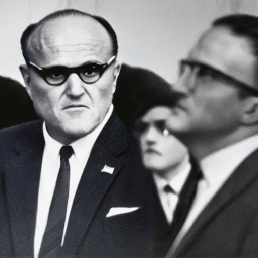 Image similar to wide shot film color photograph of rudy giuliani acting suspiciously while present during the Zapruder film November 22, 1963, Dallas, TX