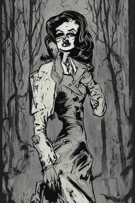 Image similar to 1 9 4 0 s ghost woman, detailed, comic book texture, spooky woods, 4 k symmetrical portrait, ashley wood, mike mignola, trending on artstation, norman saunders