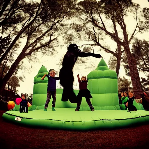 Prompt: cinematic photo of a 1 2 foot high big foot on a jumping castle with scared children, overcast, dark shadows