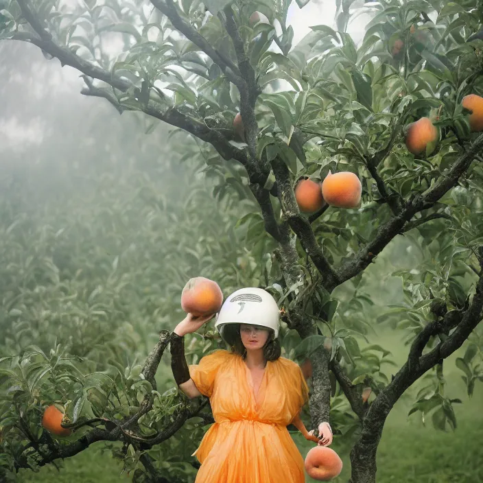 Image similar to a closeup portrait of a woman wearing a helmet made of plastic and mylar, picking peaches from a tree in an orchard, foggy, moody, photograph, by vincent desiderio, canon eos c 3 0 0, ƒ 1. 8, 3 5 mm, 8 k, medium - format print